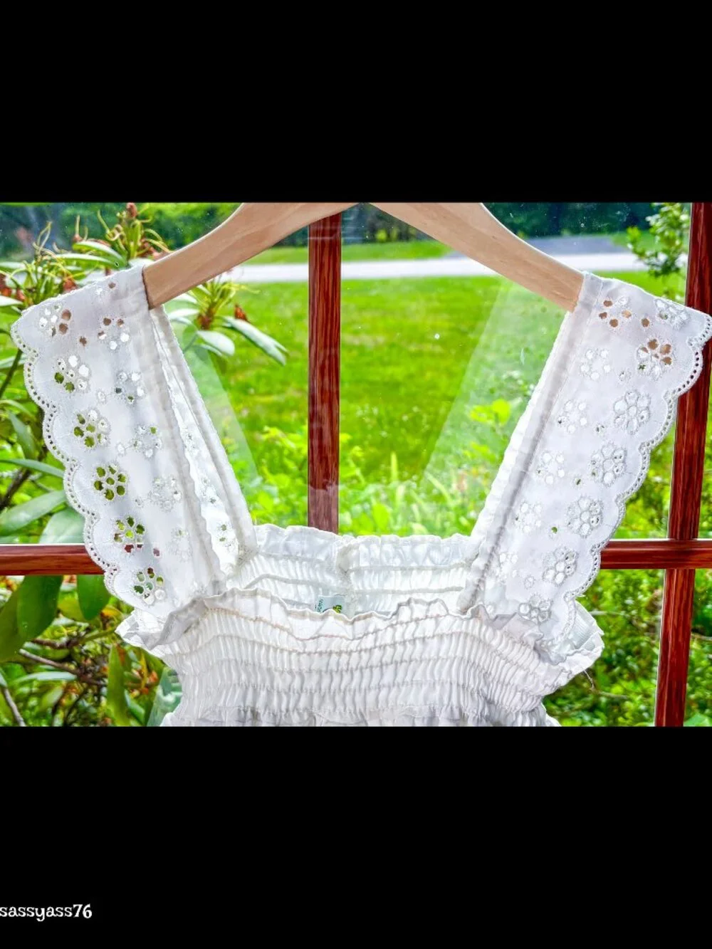 ▪️VTG▪️JONI J▪️70s Size 1T White Smocked Chest Tiered Eyelet Cotton Blend Dress